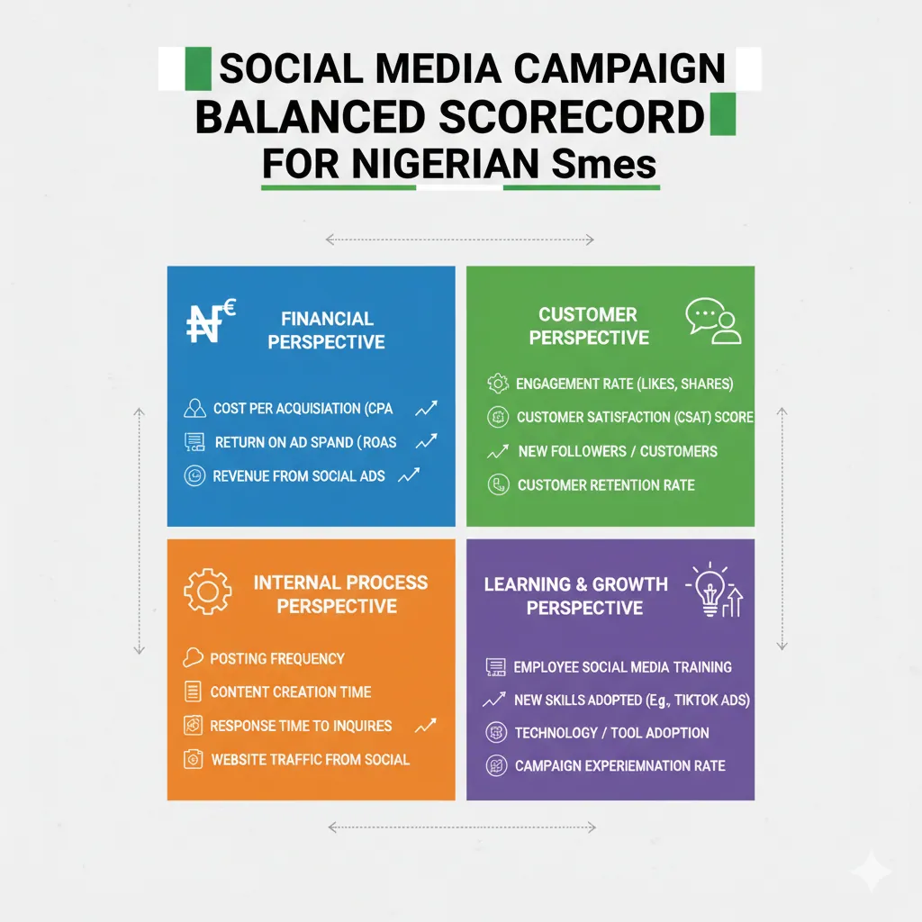 Balanced scorecard infographic showing financial, customer, internal, and learning metrics for Nigerian SME social media campaigns