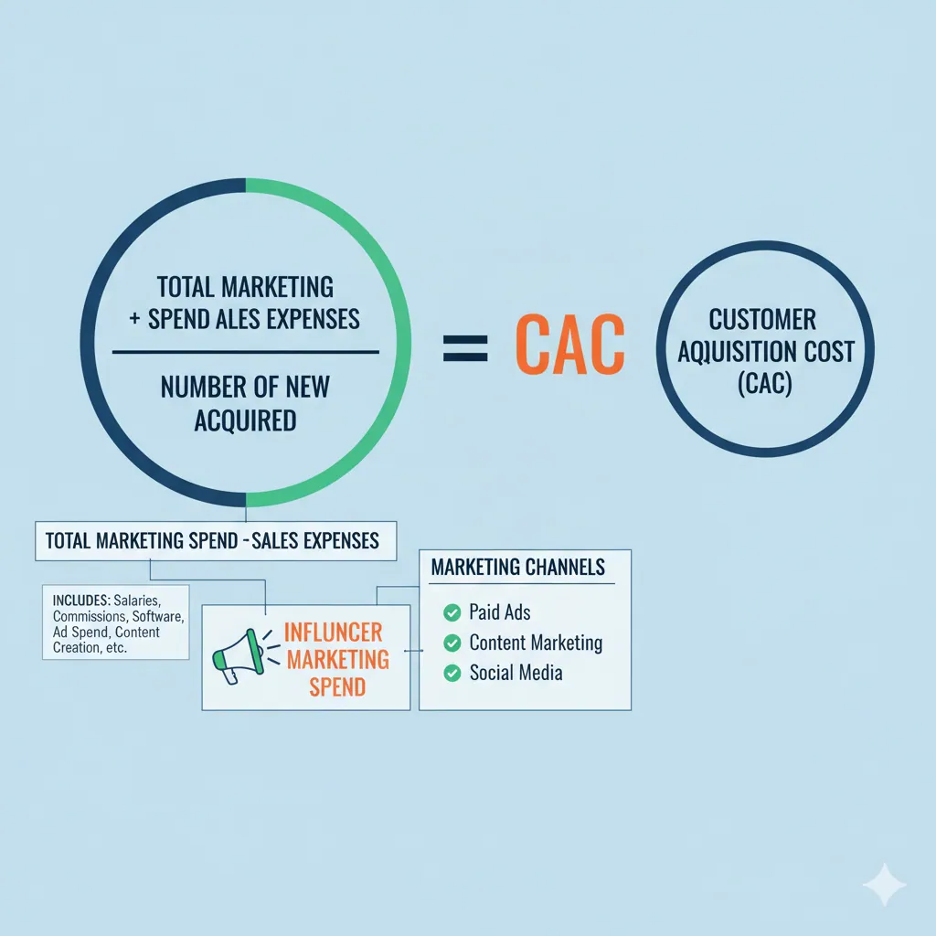 Diagram illustrating the Customer Acquisition Cost (CAC) formula and its relationship to influencer marketing spend.