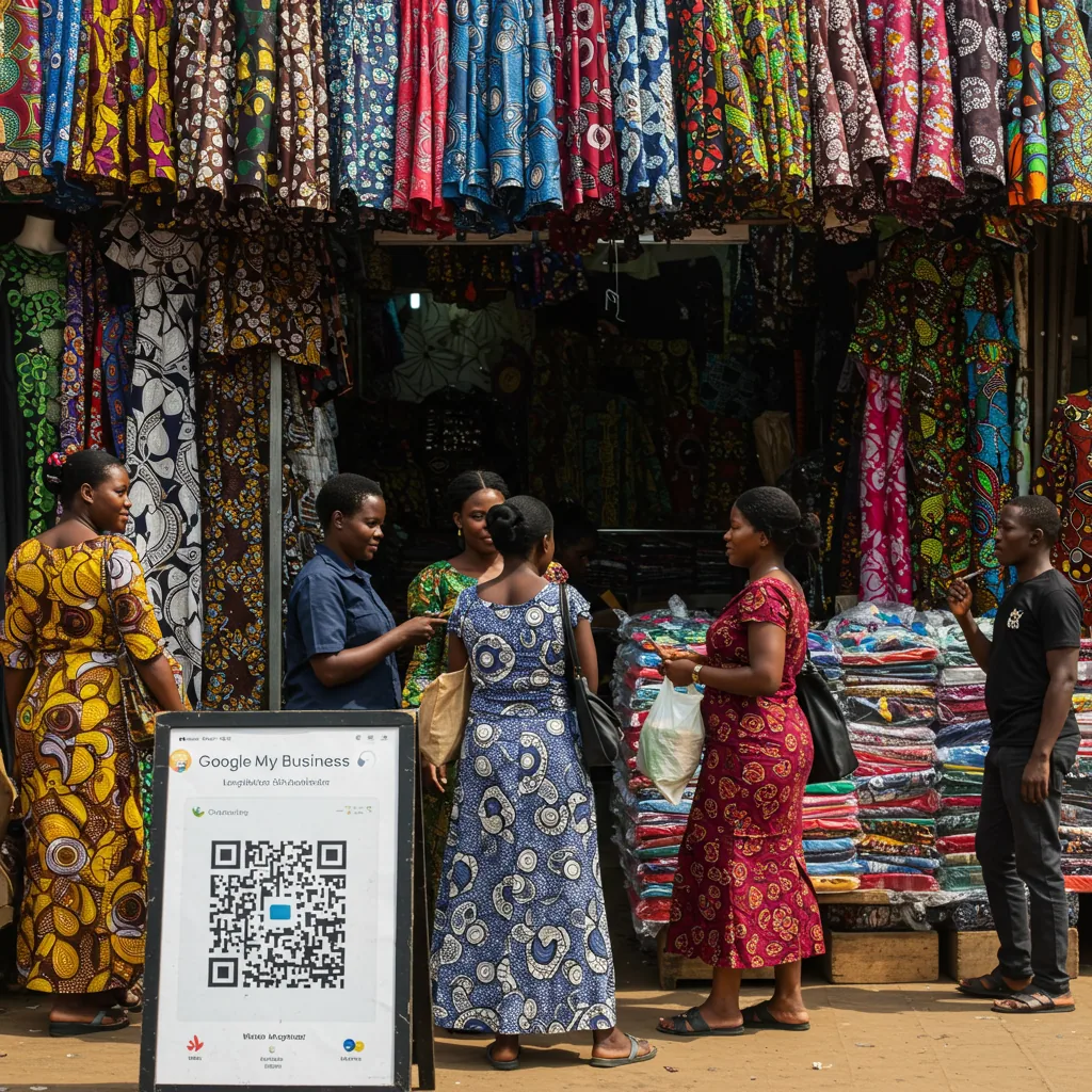 A vibrant Lagos market stall with a Google My Business QR code, showcasing a well-optimized GMB profile for local SEO