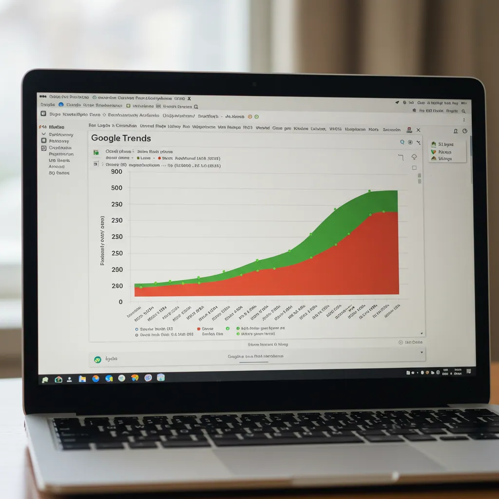 A laptop screen displaying Google Trends data for Lagos SEO keywords, with a colorful graph highlighting search volume