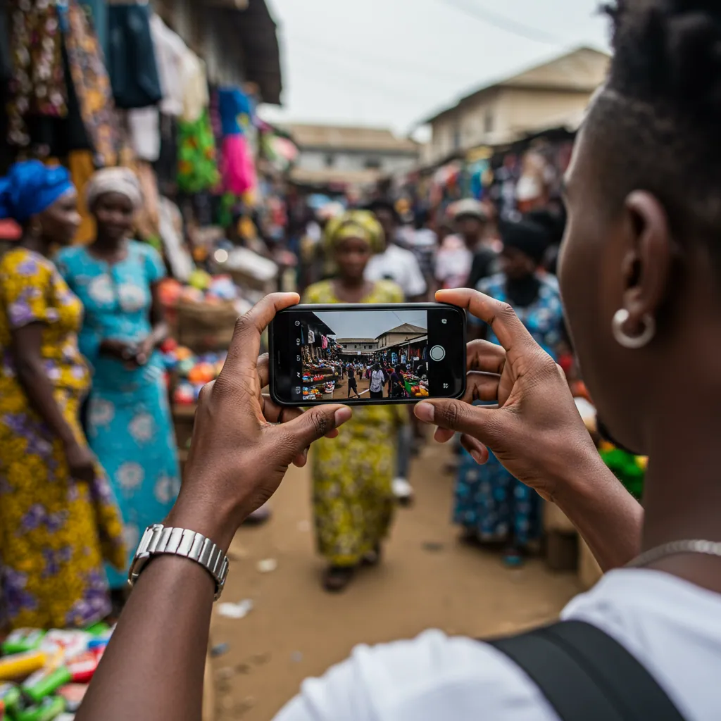 A Nigerian micro-influencer creating engaging content on a smartphone in a local market