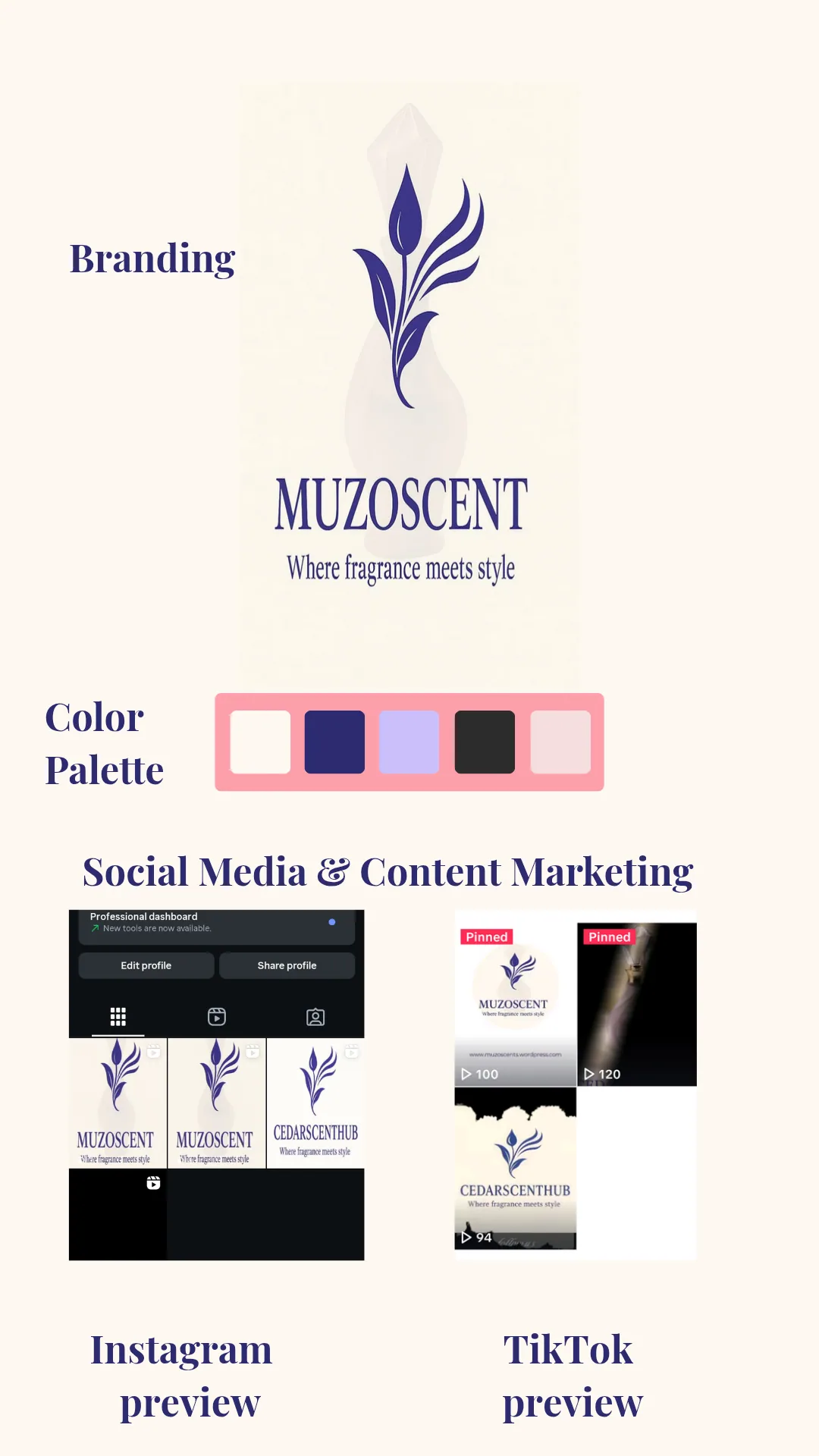 MuzoScents branding and social media collage featuring TikTok, Instagram, and Facebook posts for enhanced brand visibility