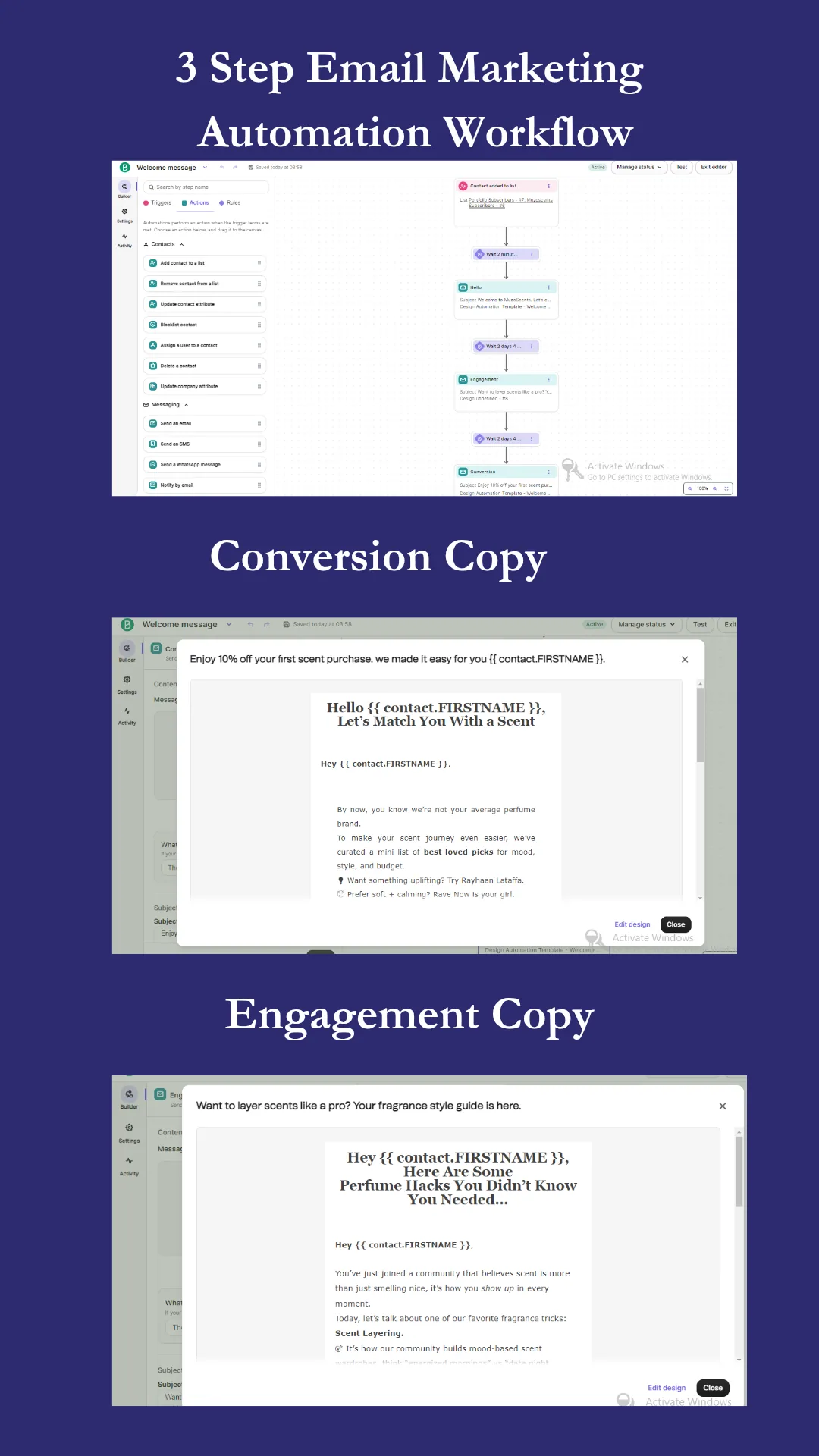 MuzoFunnels collage of 3-step Brevo email automation workflow and two email copies, driving 15% lead increase