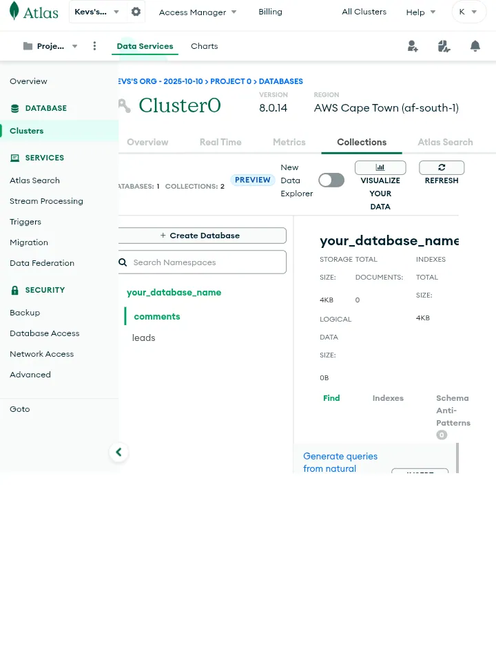 Screenshot of the MongoDB Atlas Data Explorer showing the 'comments' and 'leads' collections.