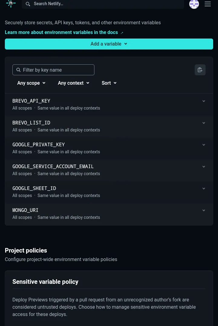 Screenshot of Netlify Environment Variables for MONGO_URI and BREVO_API_KEY.