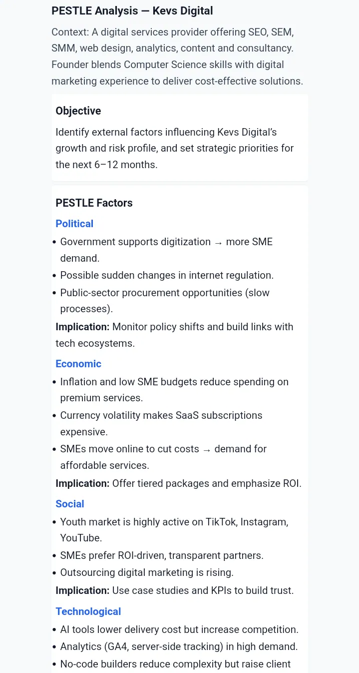Kevs Digital PESTLE Analysis chart.